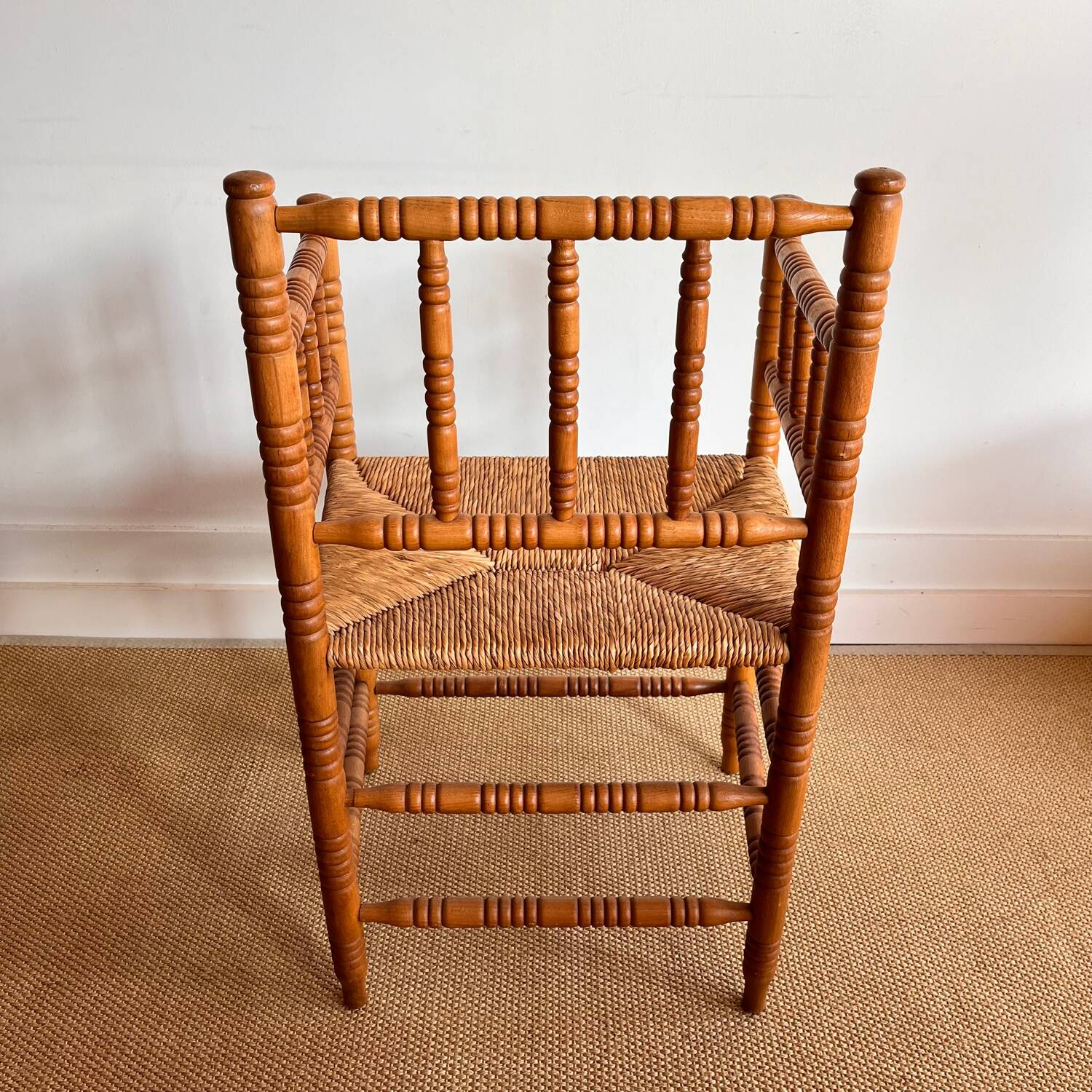 Antique Dutch bobbin chair with rush seating