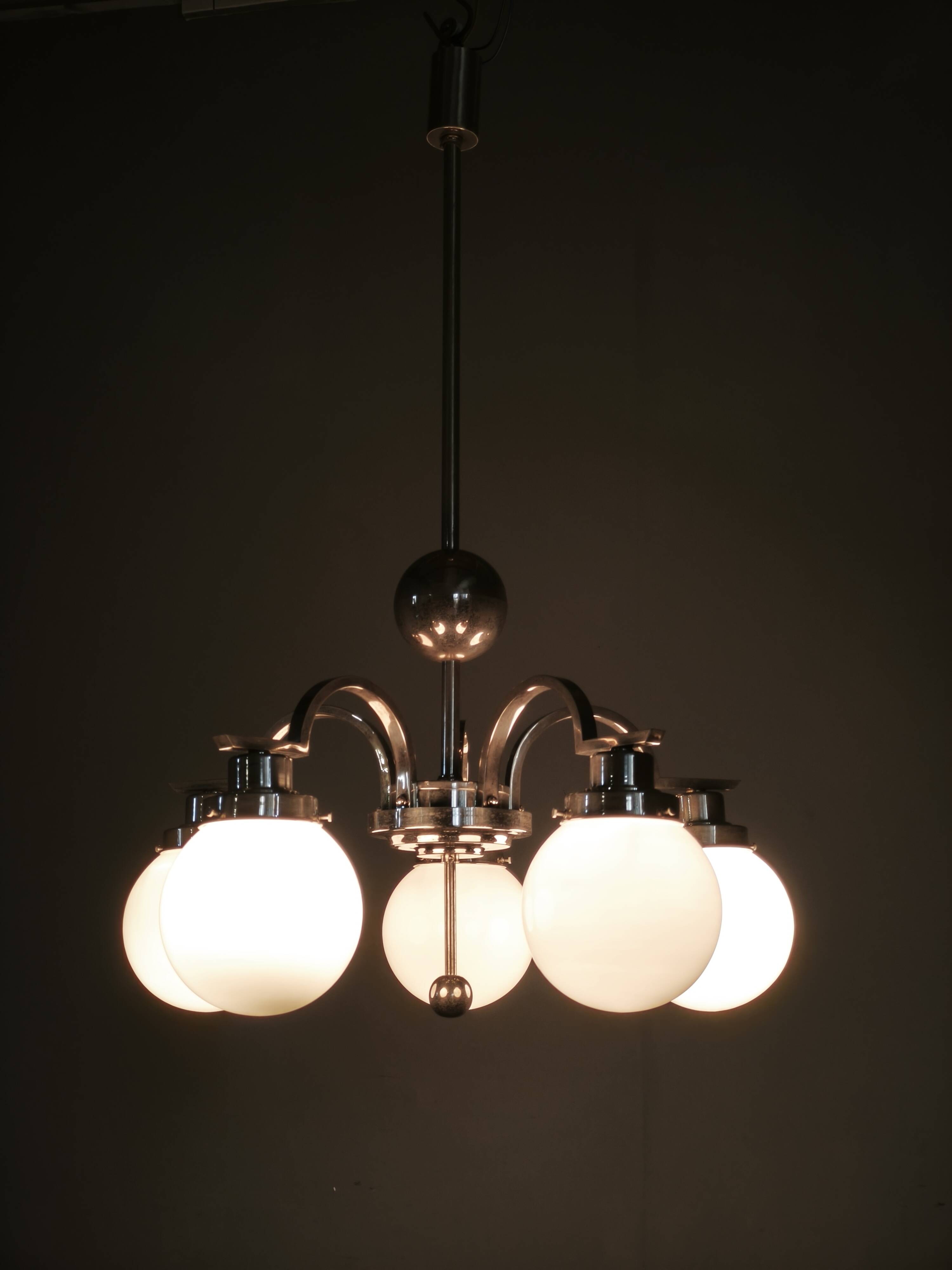 Art Deco Five-Light Chrome Chandelier, Czechoslovakia, 1930s