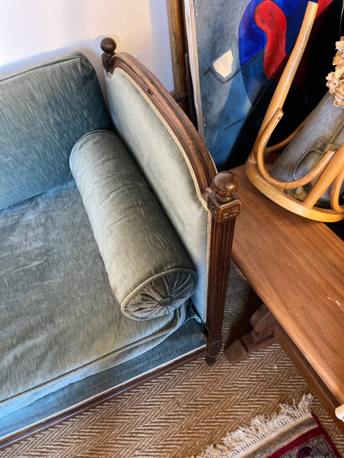 Vintage Louis XVI style blue velvet sofa