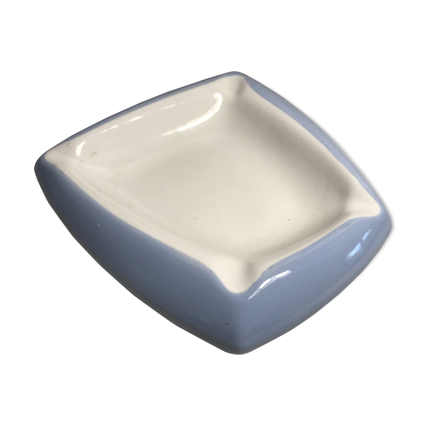 Old ashtray ceramic glazed large model white & blue vintage
