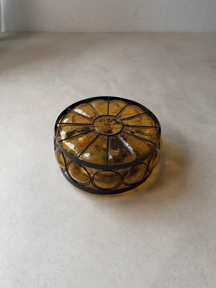 Vintage ceiling lamp amber crackle glass 1970s