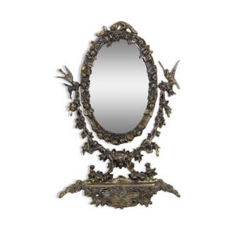 Miroir de table ancien Miroir de courtoisie Bronze Doré Art Nouveau