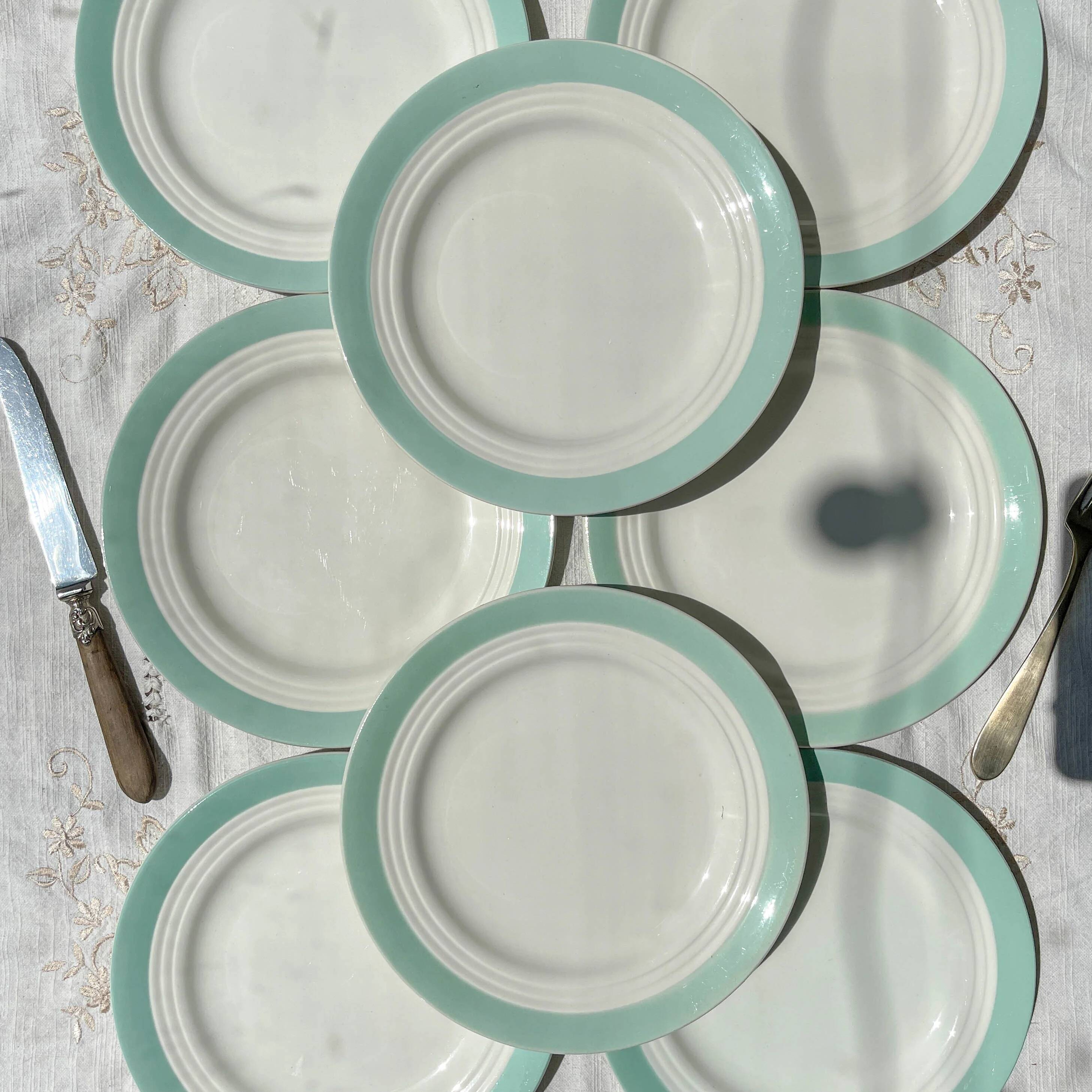 8 vintage French white and green porcelain plates from Céranord