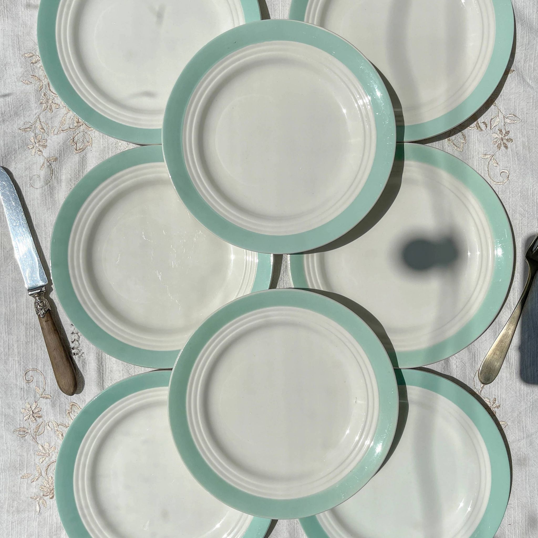 8 vintage French white and green porcelain plates from Céranord
