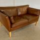 Vintage Danish mid-century dark cognac leather 2 seater Stouby sofa