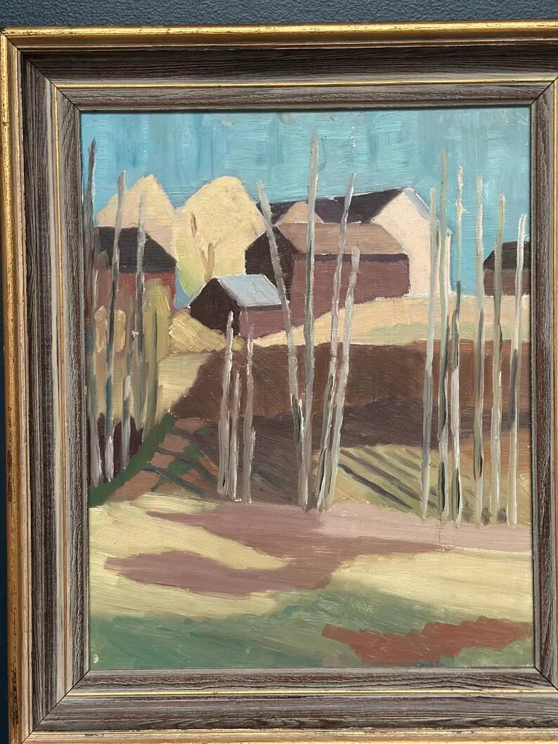 Original Swedish Oil on Panel – "Huts Behind the Trees" – Signed – Vintage & Framed – 51 × 43 cm (20.1" × 16.9")