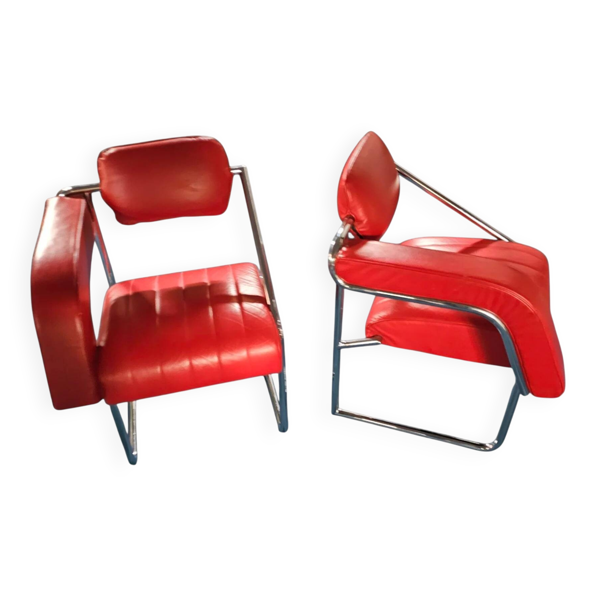2 x Non-Conformist chair / Eileen Gray by Alivar / red leather / marked beneath the seat