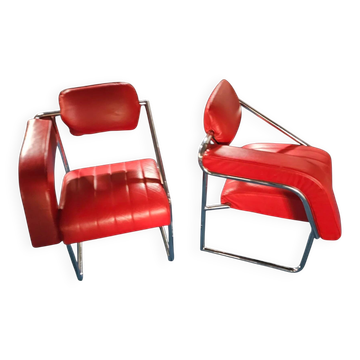 2 x Non-Conformist chair / Eileen Gray by Alivar / red leather / marked beneath the seat