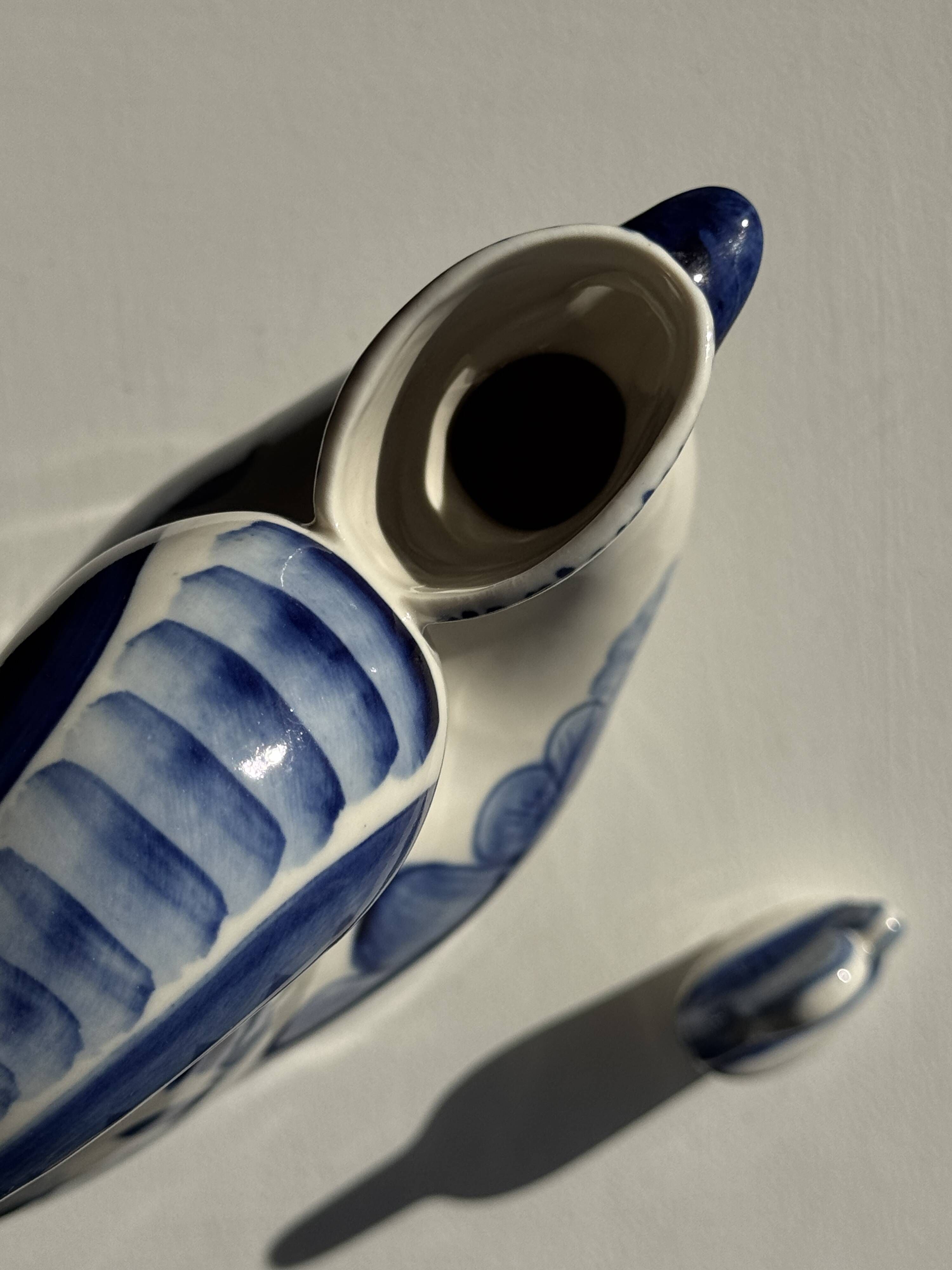 Vintage white ceramic carafe with blue Gjel-style decoration, USSR.