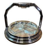 Old serving tray, art deco, beggar, silver metal, cut crystal