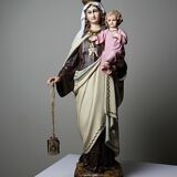 Statuette stuc ND du Mont Carmel, ateliers Olot, yeux en verre, 1920-1930