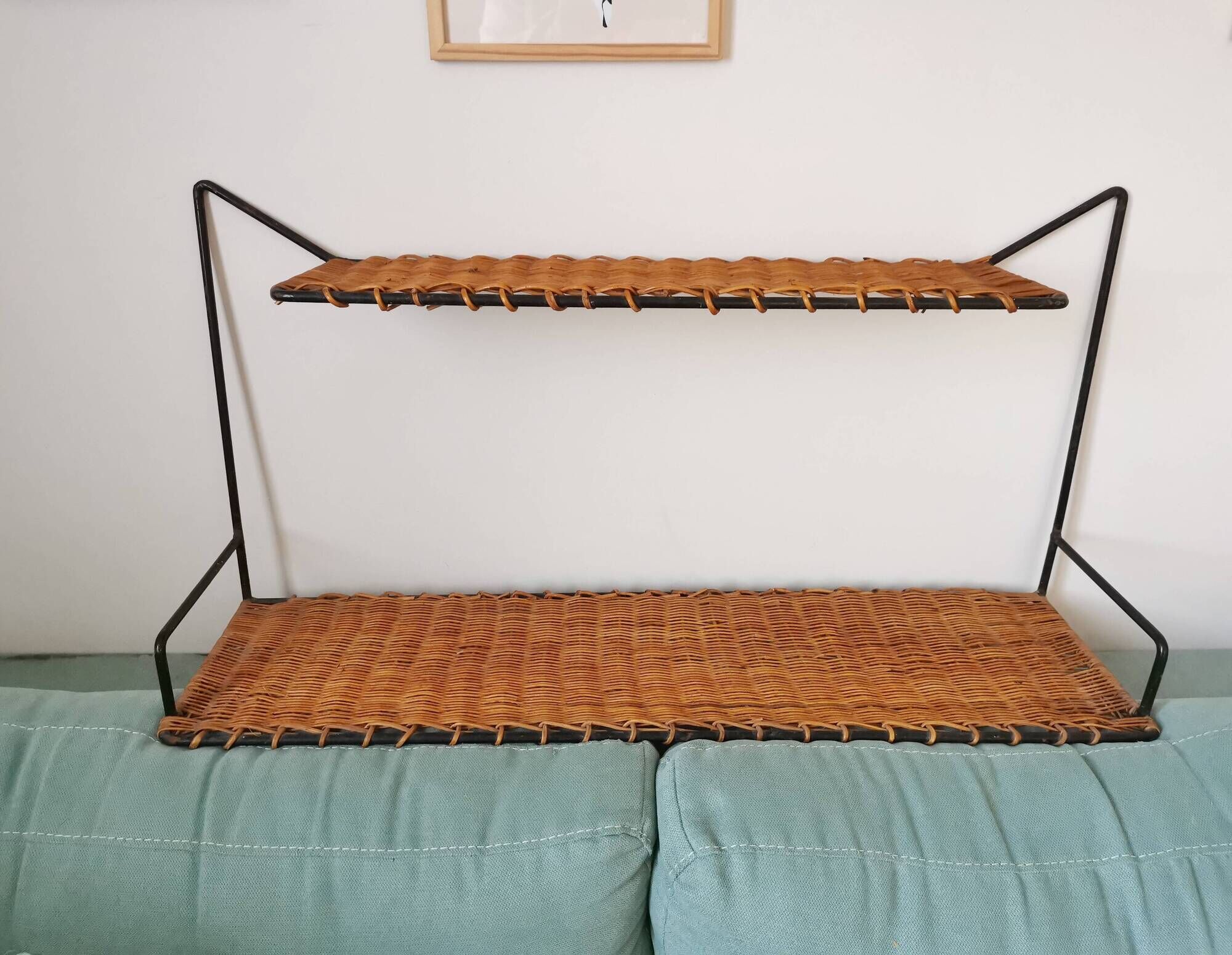 Double shelf Raoul Guys 50s wrought iron and wicker, vintage rattan