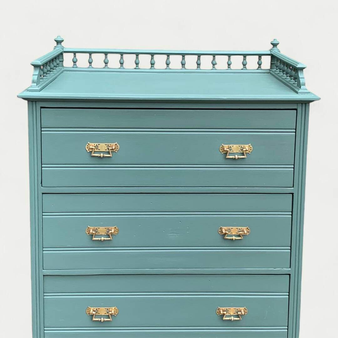 Old grey green high chest of drawers H160