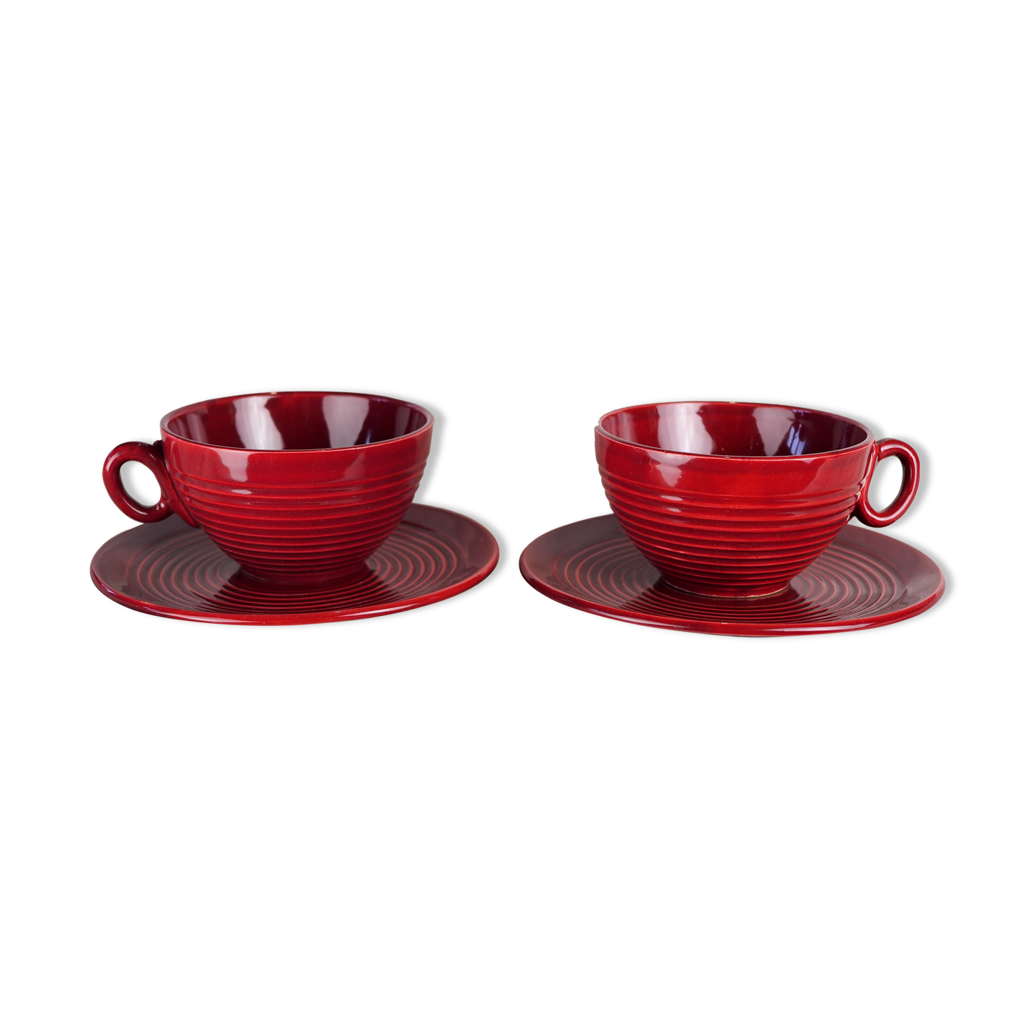 Pair of burgundy red cups with concentric streaks - Saint-Clément - 50s