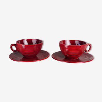 Pair of burgundy red cups with concentric streaks - Saint-Clément - 50s