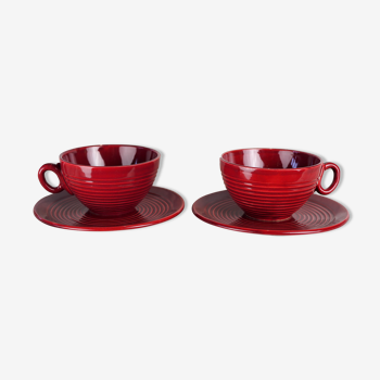 Paire de tasses rouge bordeaux à stries concentriques - Saint-Clément - années 50