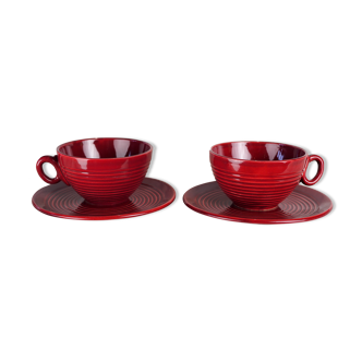 Paire de tasses rouge bordeaux à stries concentriques - Saint-Clément - années 50