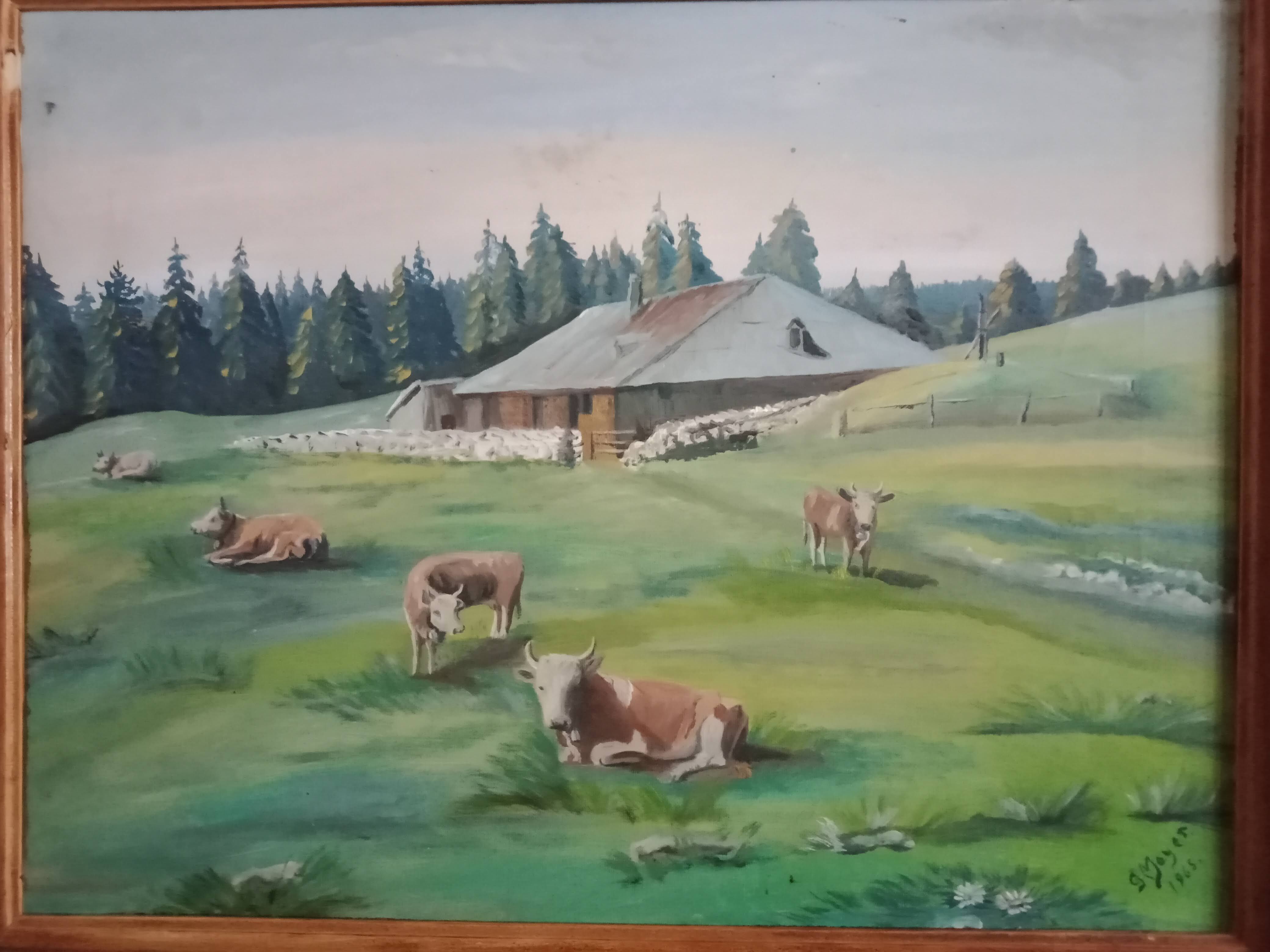 Mountain landscape painting and cows