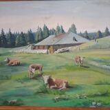 Mountain landscape painting and cows