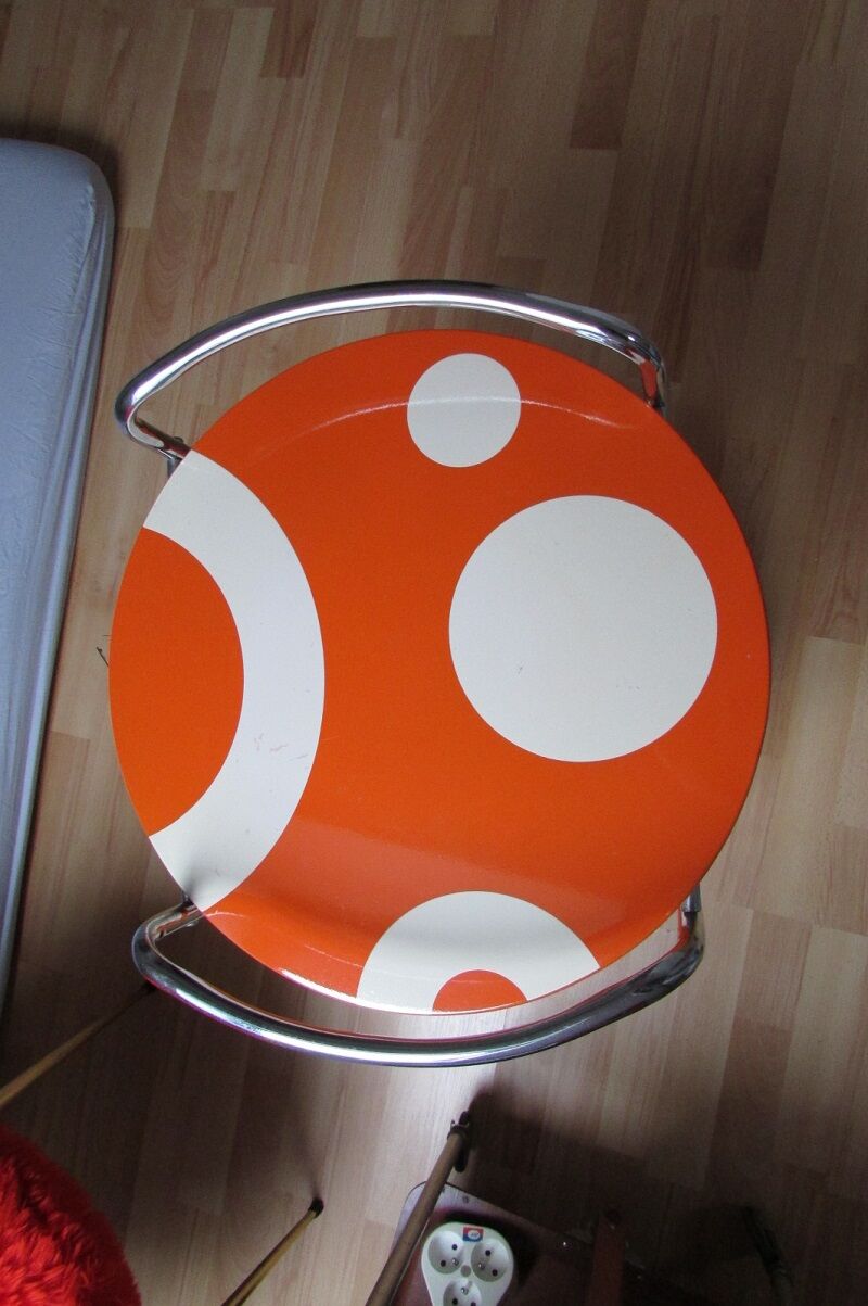 Pedestal table, vintage service on wheels, orange and white