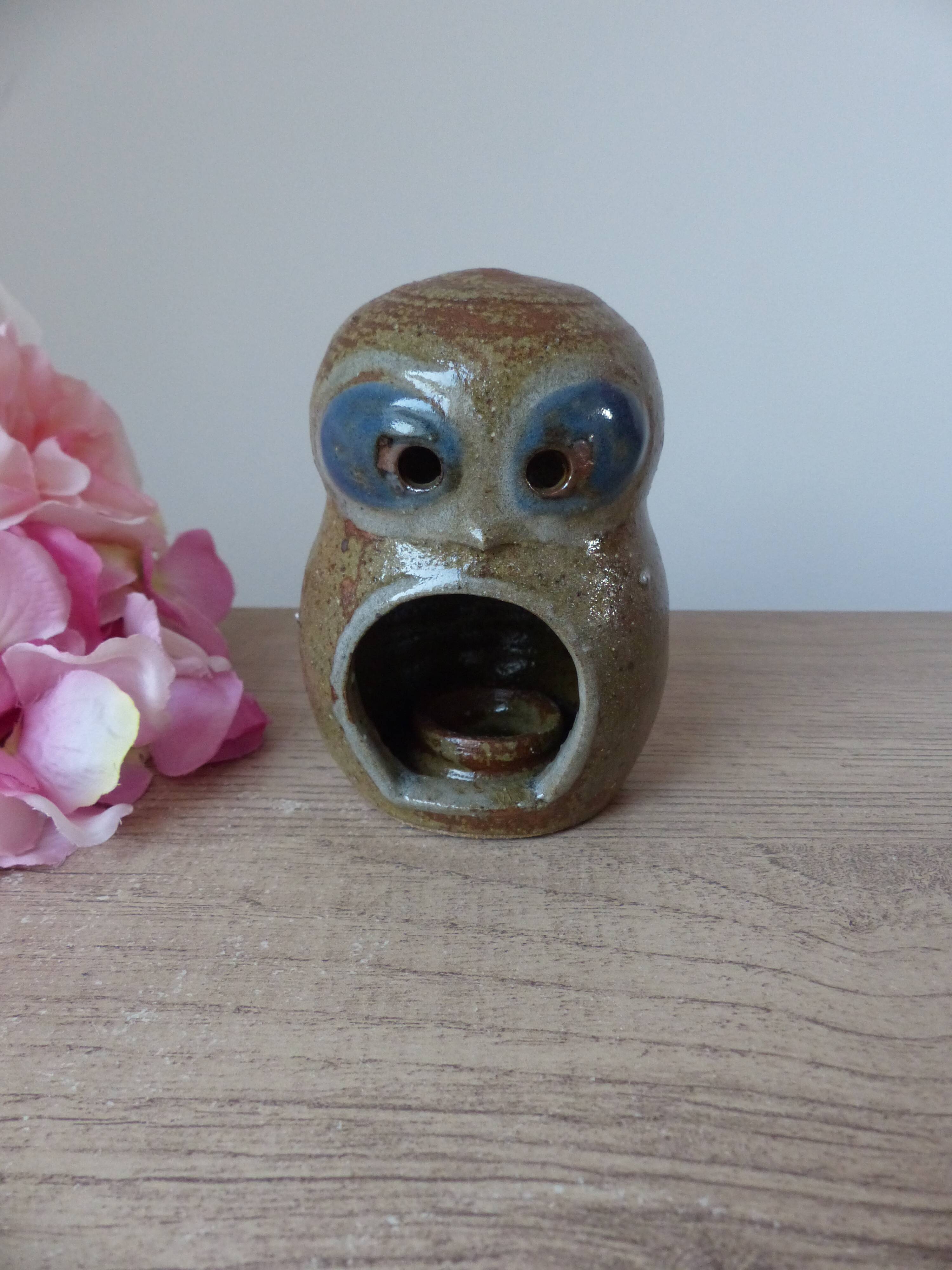 Pyrite Stoneware Owl Candle Holder, Vintage Pottery Owl Fragrance Burner