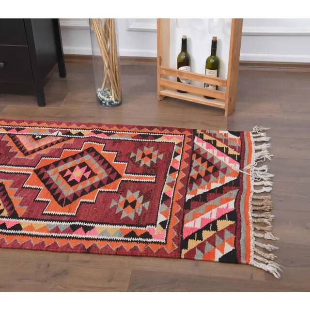 1970s Vintage Turkish Hand-Knotted Wool Cotton Red Runner Rug 93x324