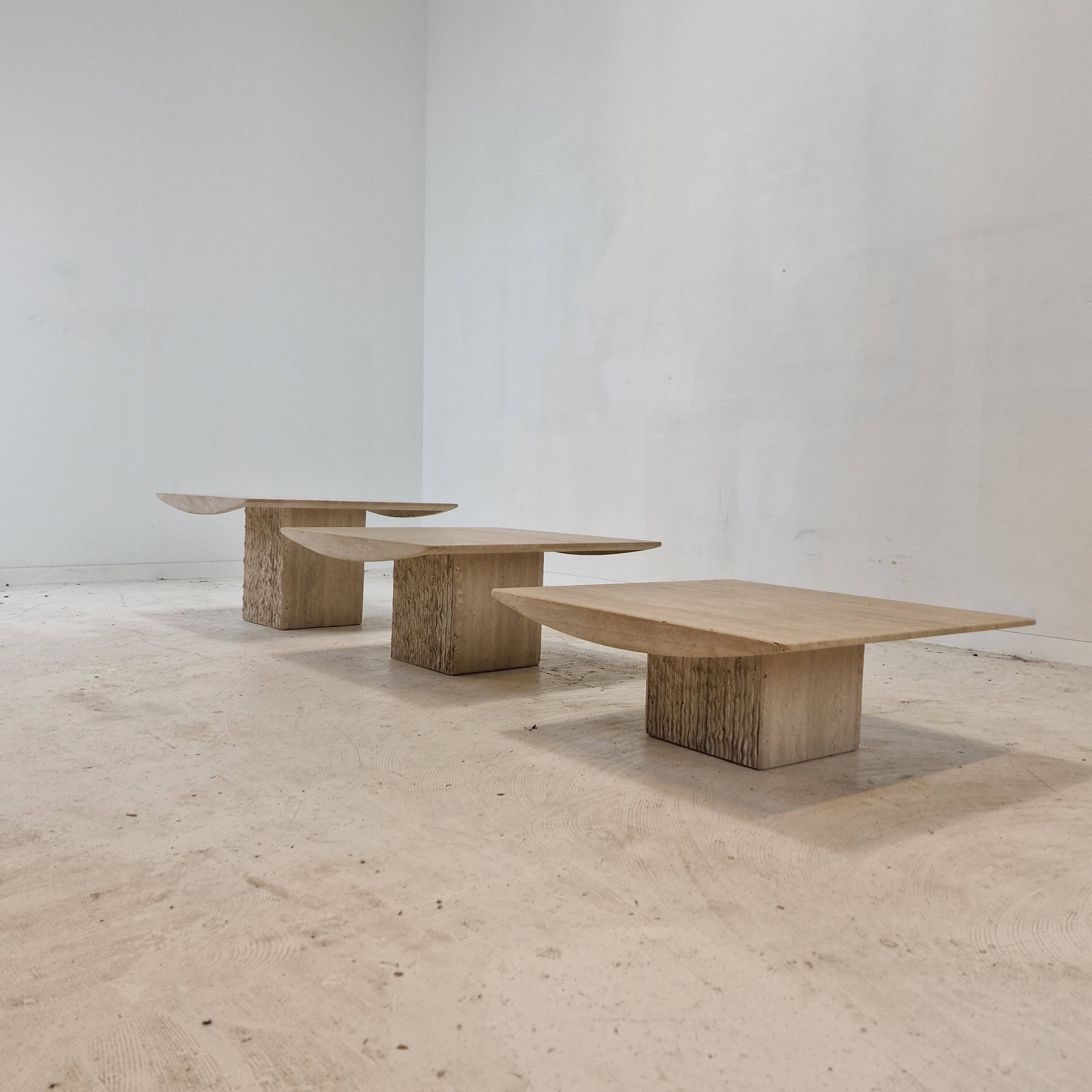 Set of 3 Italian Travertine Coffee or Side Tables, 1980s