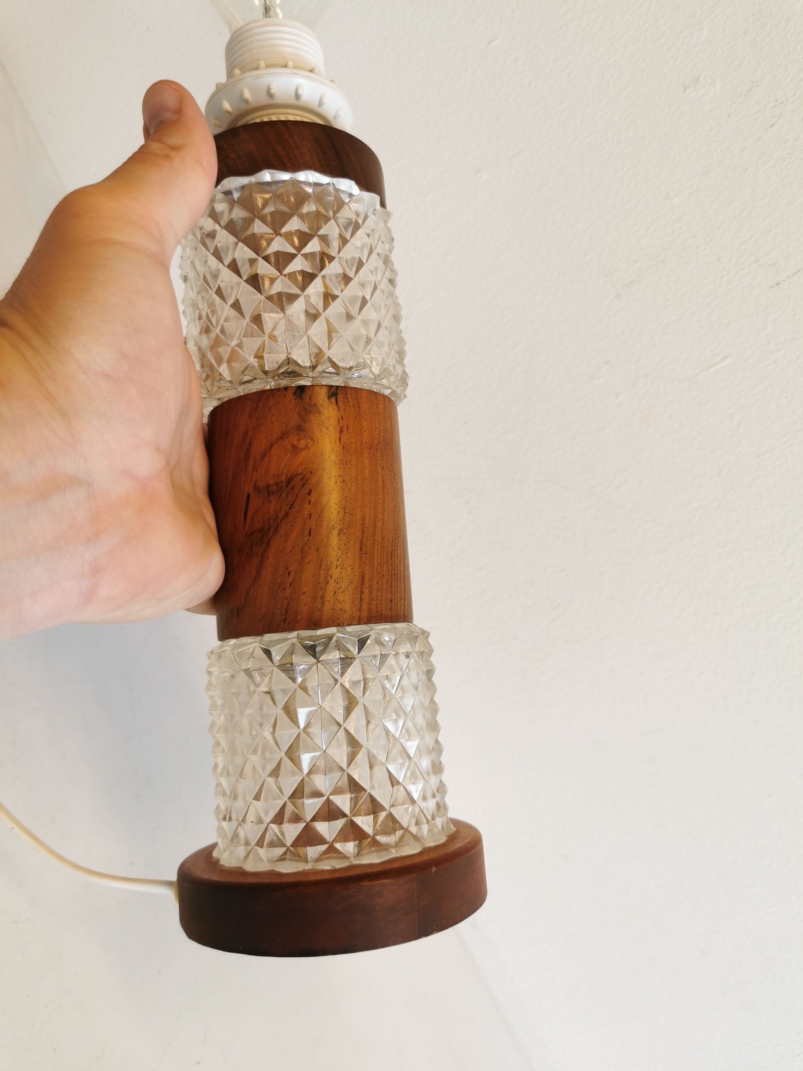 Swedish table lamp, made of what looks like rosewood and crystal glass.
