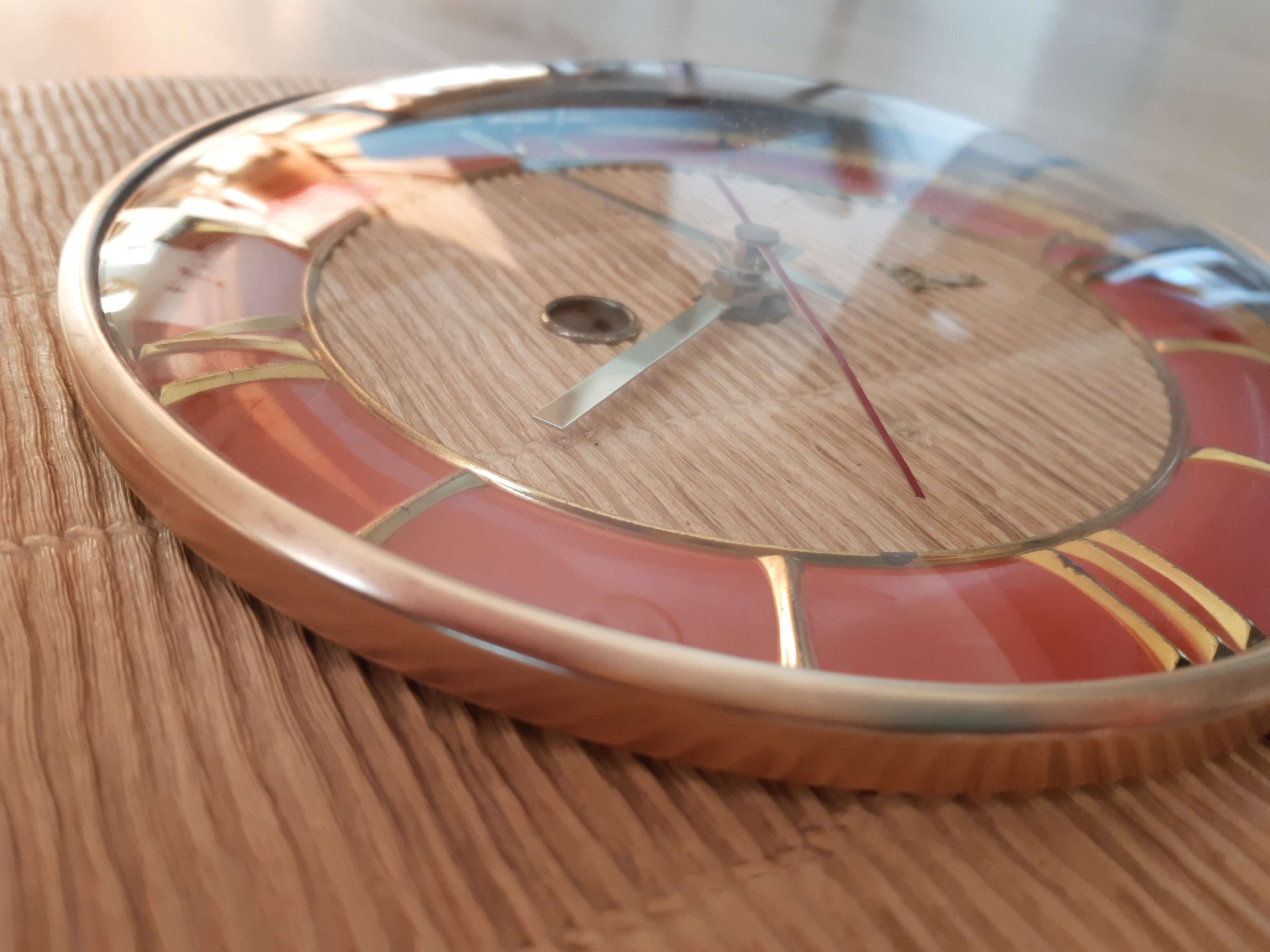 Wooden clock and imitation rattan, vintage, 50s