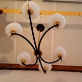 Chandelier Arlus laiton metal opalines blanche years 50