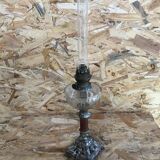 Old kerosene lamp with marble metal pedestal & crystal body + vintage tube