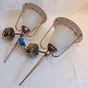 pair of wall-mounted torch lights corner 1950-1960 Arlus or Lunel glass metal