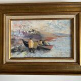 Oil on canvas "The Fishermen and the Doris" by Claude Persini. 20th century.