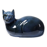 Rare grand chat bleu vintage en porcelaine d'Art de Virebent, années 1970-1990
