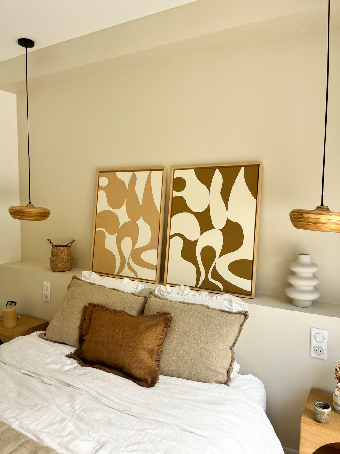 Tableaux diptyque organique beige marron, crème