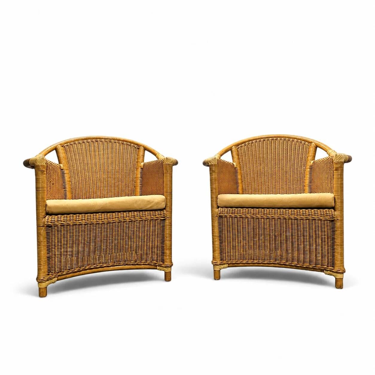 2 x wicker and bamboo patio chair / 1980s / faux suede / alcantara