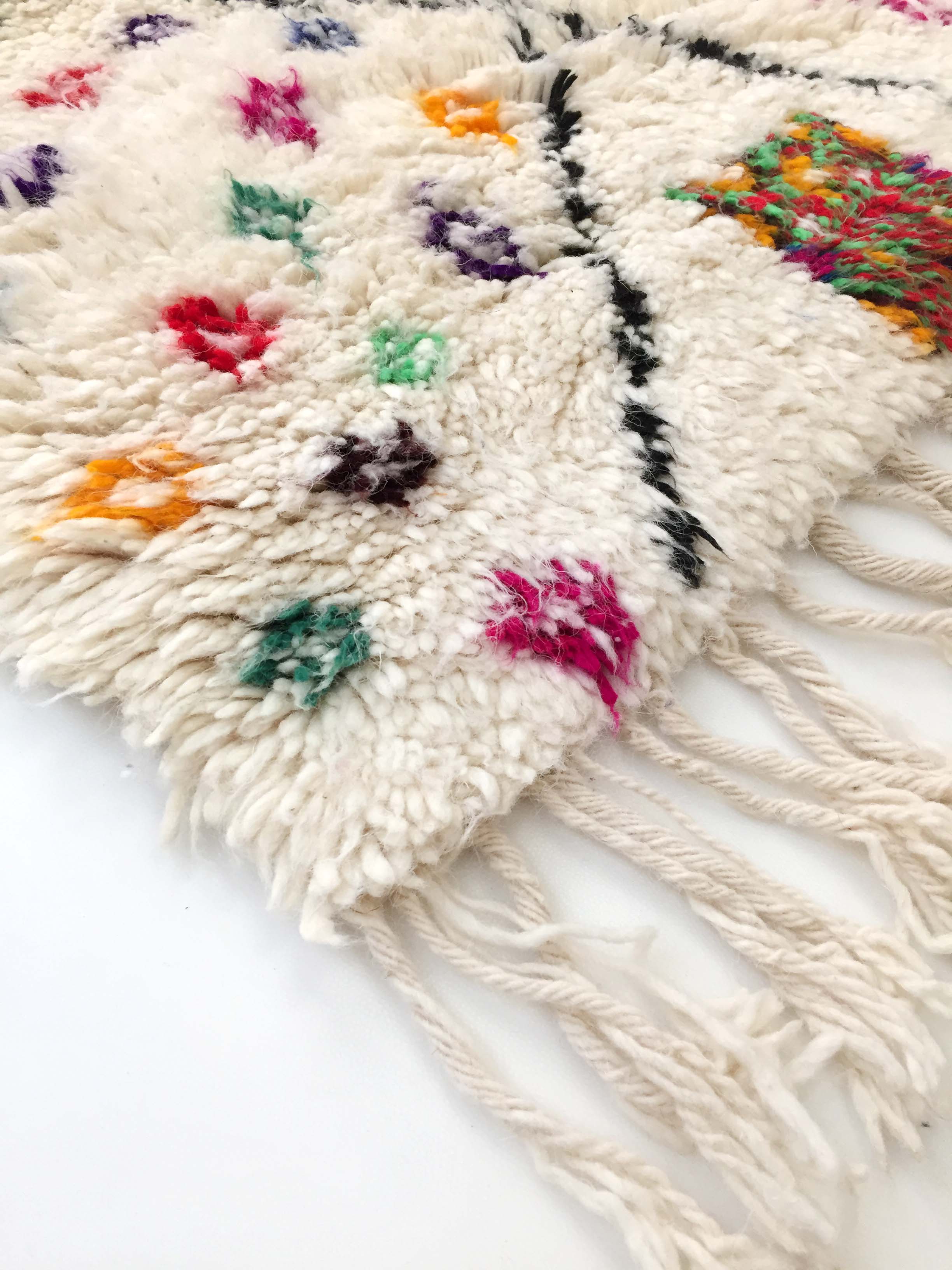 Moroccan Berber carpet azilal ecru with diamonds and colorful patterns 300x188cm