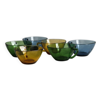 6 tasses vintage en verre coloré translucide