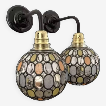 Pair of faceted glass globe wall lights