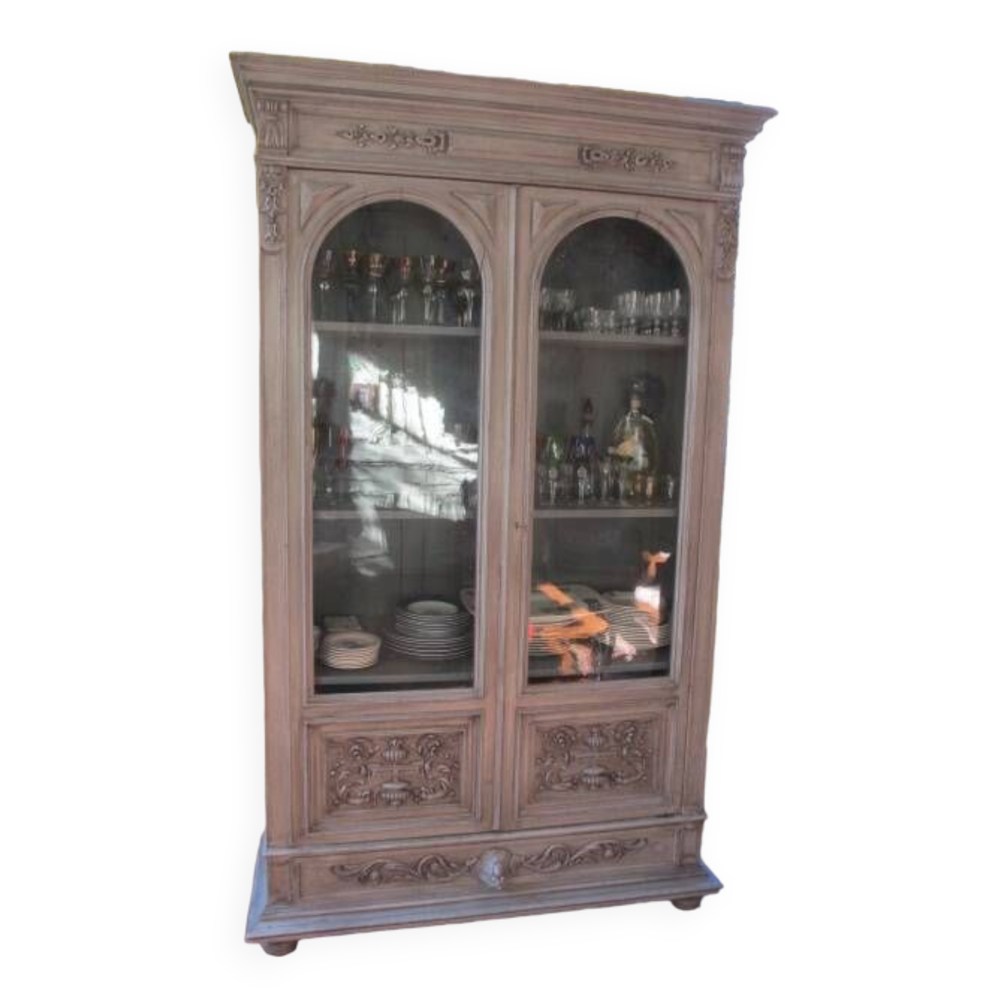 Antique carved buffet display cabinet with gray patina