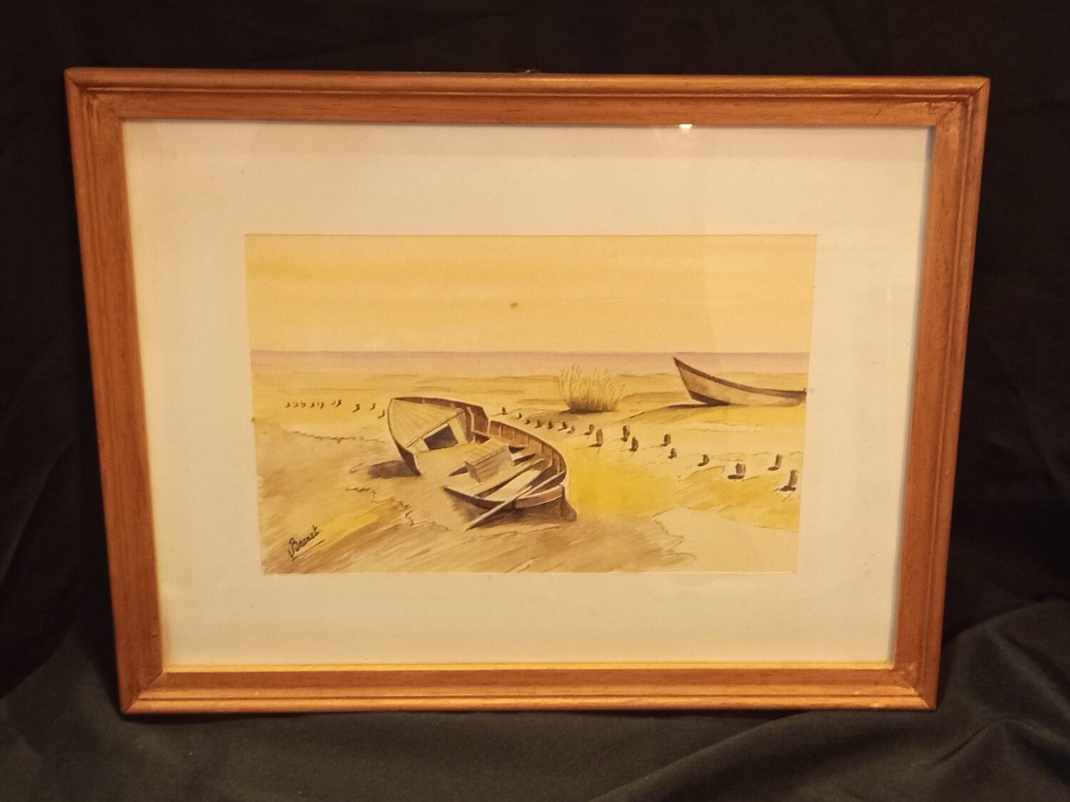 Aquarelle originale signée V. Brunet – « Bateaux sur le rivage »