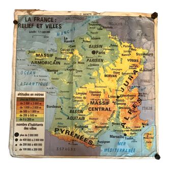 School map of France laminated Relief & Villes Hachette 1983
