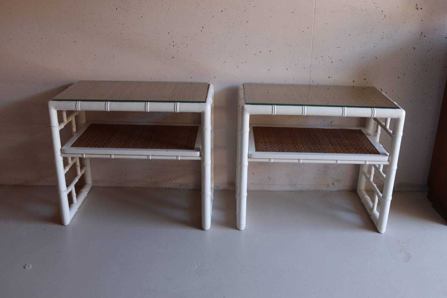 Pair of bedside tables in bamboo effect wood and woven wicker