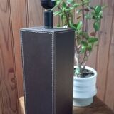 Tall cubic brown leather lamp, light gray fabric lampshade