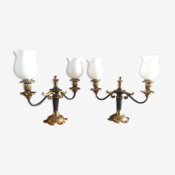 Pair of candelabra Bronze and opaline glass