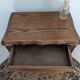 antique dark wood bedside table, cottage, bohemian, curved legs