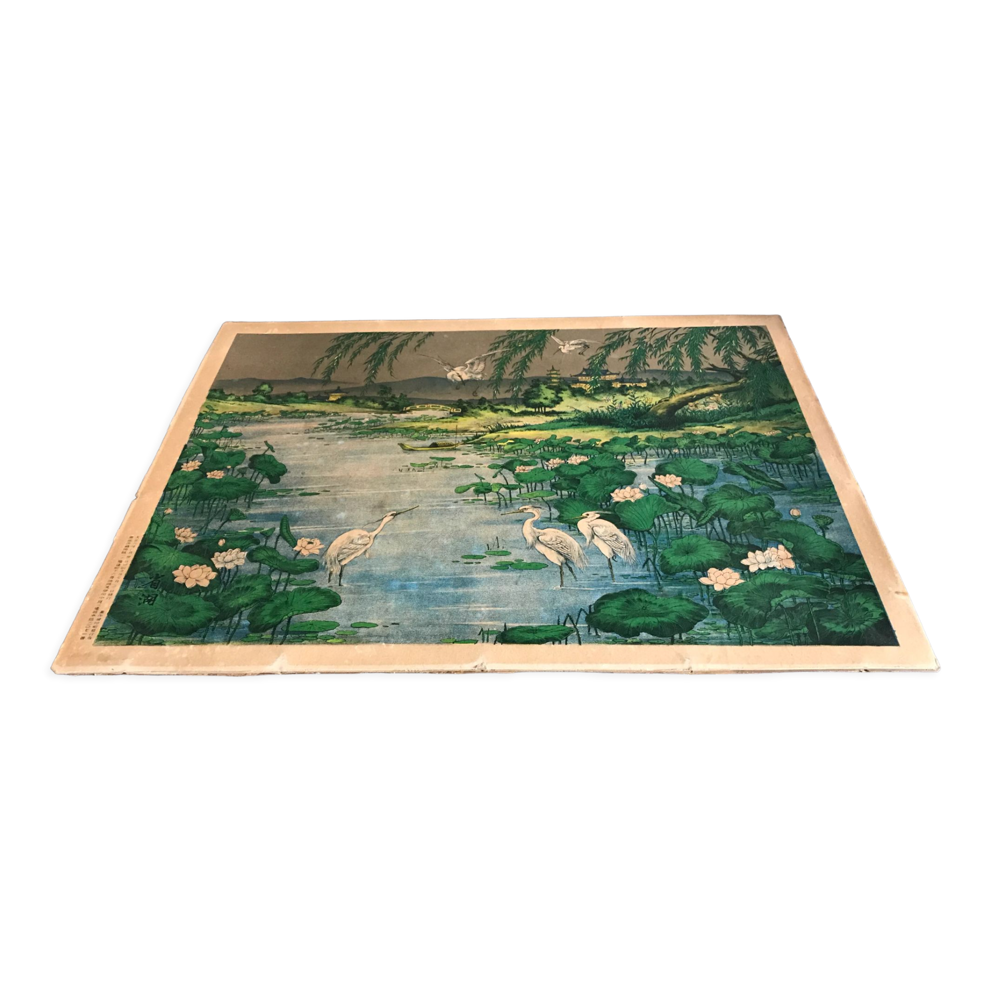 Ancient ESTAMPE of ASIA with Polychrome Decoration of Natural Landscape and Herons, XIXth