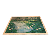 Ancient ESTAMPE of ASIA with Polychrome Decoration of Natural Landscape and Herons, XIXth