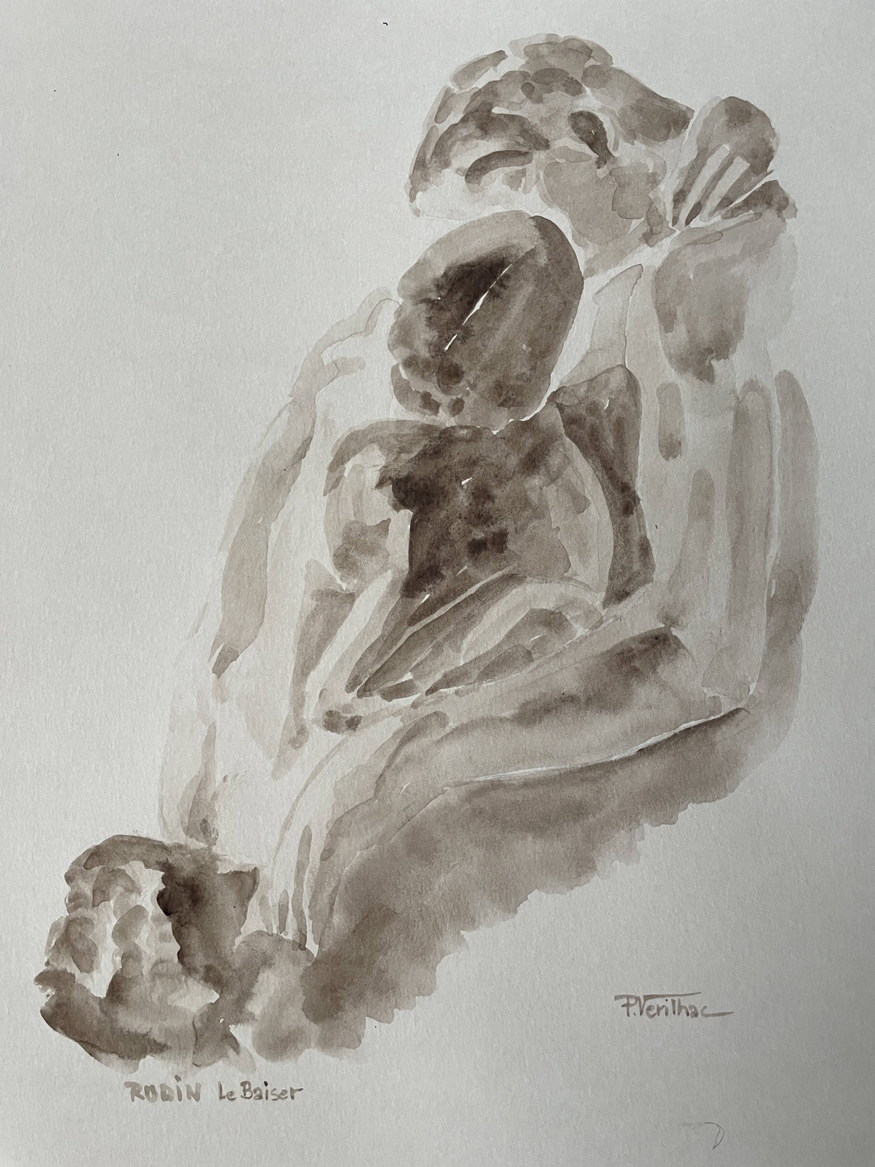 Painting signed sepia monochrome watercolor study of the statue “Rodin’s kiss”