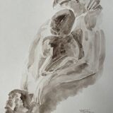 Tableau signé aquarelle monochrome sépia étude de la statue « le baiser de Rodin »